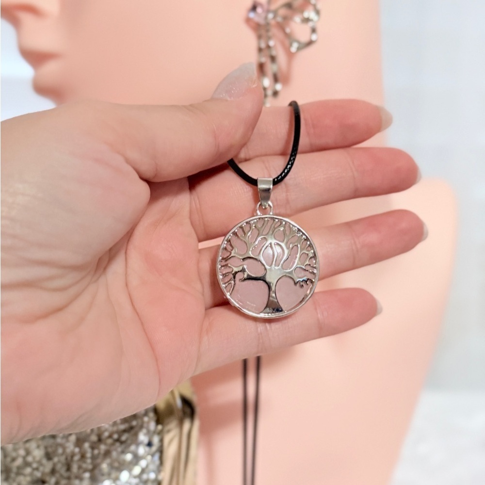 Silver Pink Tree Off Life Pendant Necklace. - Picture 4 of 5